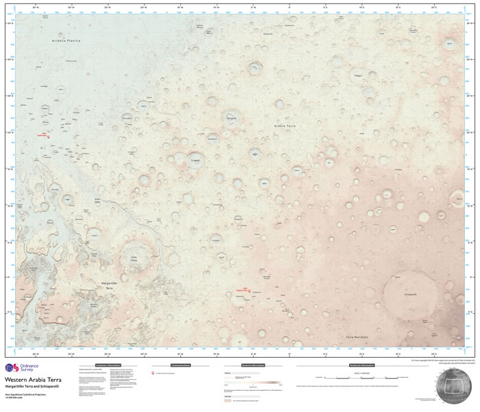 英国地形测量局依据美国太空总署数据资料绘制出第一张火星地图