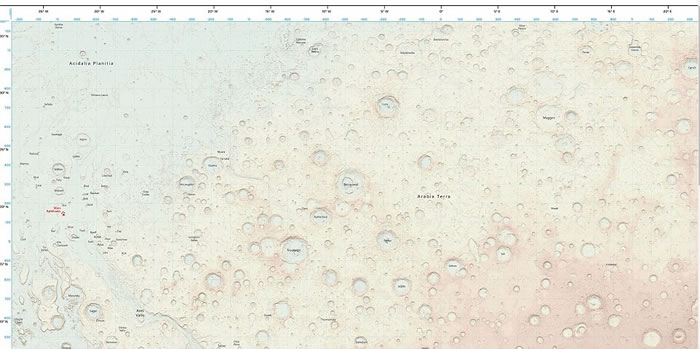 英国地形测量局依据美国太空总署数据资料绘制出第一张火星地图
