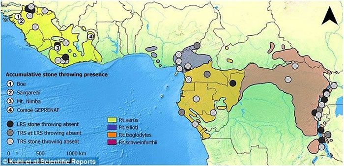 地图标示录得黑猩猩有类似行为的地点。