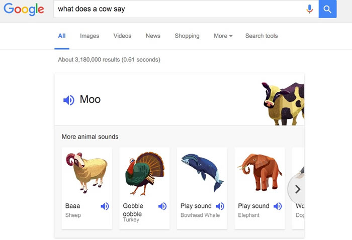 Google隐藏的新功能:只要输入animal noises、animal sounds就能听到动物叫声