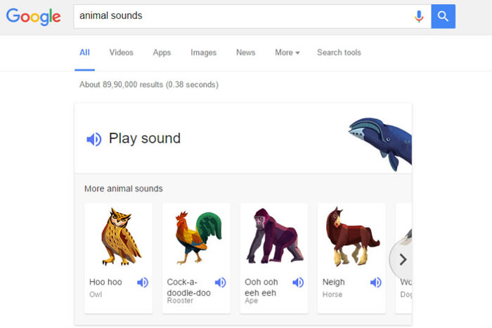 Google隐藏的新功能:只要输入animal noises、animal sounds就能听到动物叫声