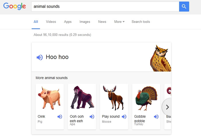 Google隐藏的新功能:只要输入animal noises、animal sounds就能听到动物叫声