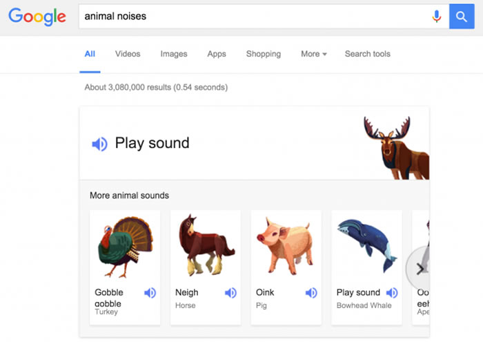 Google隐藏的新功能:只要输入animal noises、animal sounds就能听到动物叫声