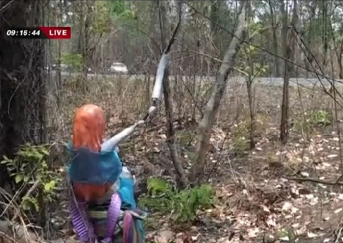 公路旁丛林乍现“鬼妻”,胆小司机可能被吓倒。