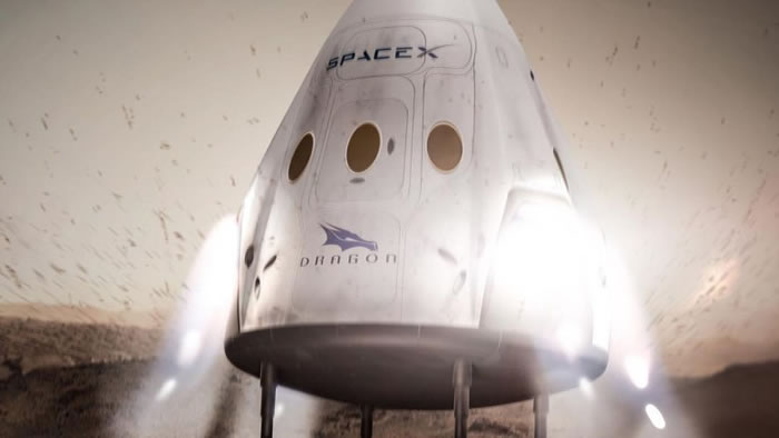Dragon 2太空船降落于火星的意想图。