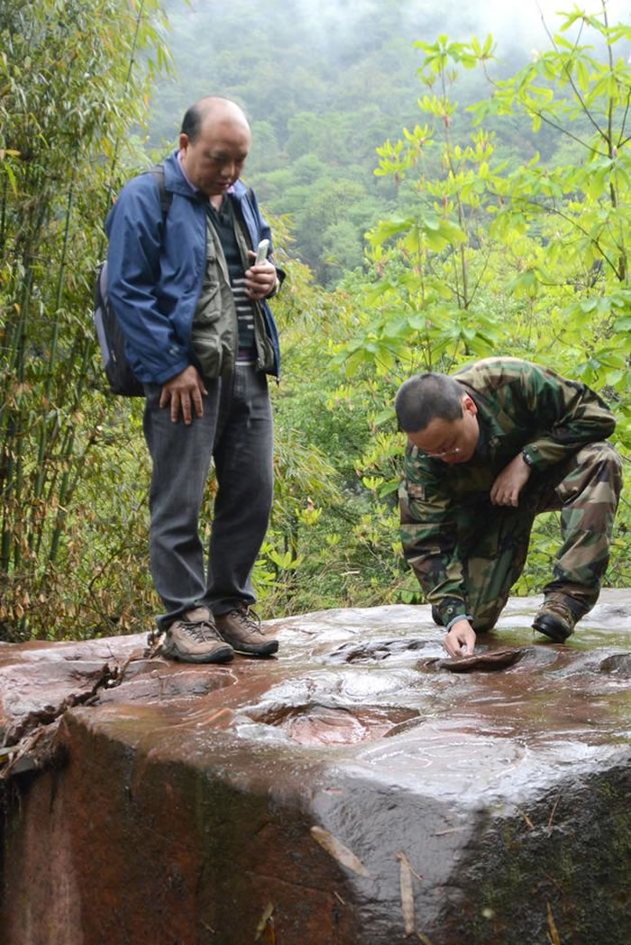 考察队在观察足迹化石