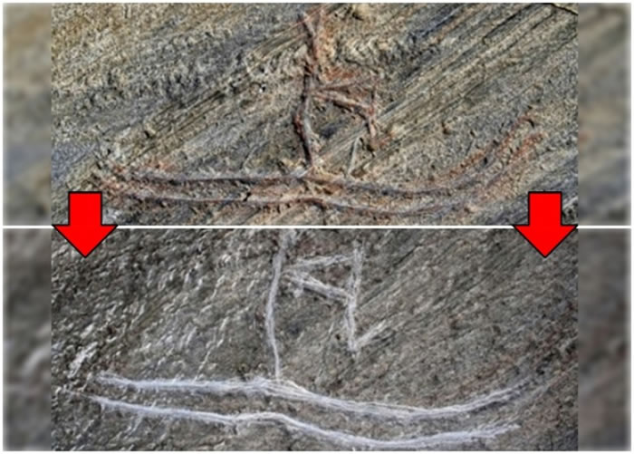 本来带红的“滑雪者”石刻(上图),变成白色的作画(下图)。