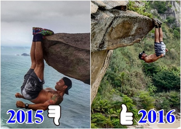 坎德拉曾假扮倒吊拍照(左图),近日终完成真正的倒吊创举。