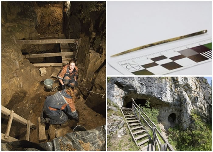 考古人员在丹尼索瓦洞内(左),发现骨针(右上)。