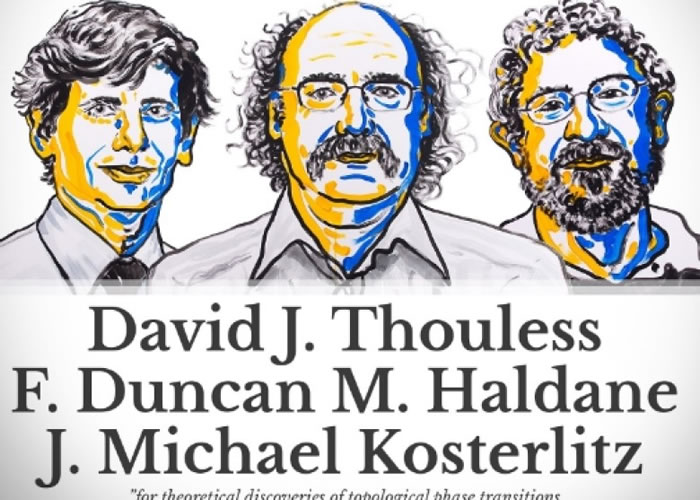 索利斯、霍尔丹、科斯特利茨(由左至右)共同取得诺贝尔物理学奖。