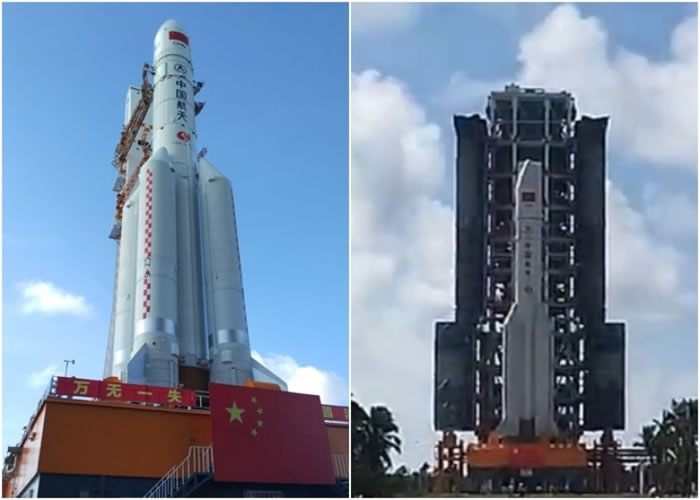 长征五号今日通过垂直转运方式,从总装厂房运到发射塔架上。