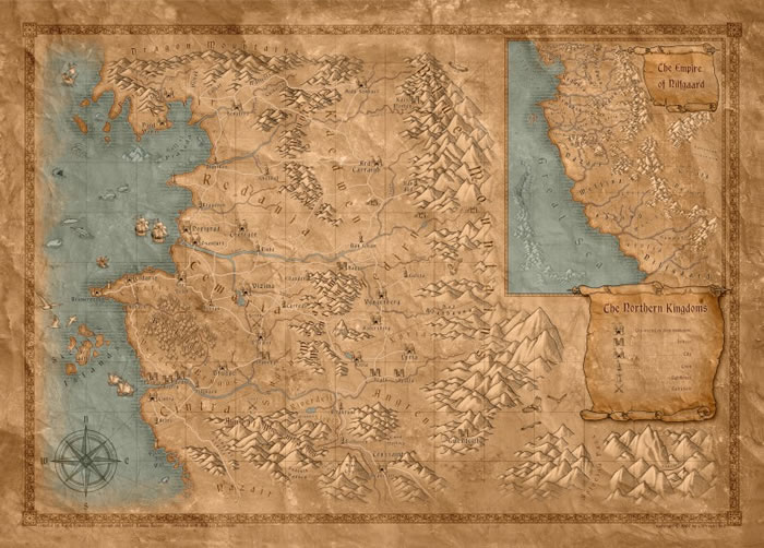 萨普科夫斯基并无推出官方地图,但游戏商及不少粉丝均有创作《猎魔士》的地图供人参考。图中可见尼弗迦德帝国在偏远南方。