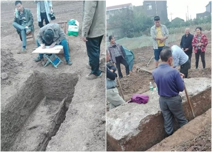 现场工作人员小心翼翼地发掘棺木。