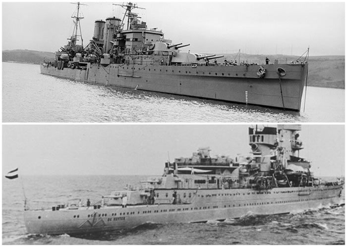 英国的埃克塞特号(上图)及荷兰的德·鲁特伊号(下图)残骸不翼而飞。