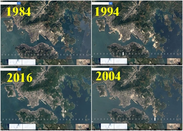 Google的Timelapse缩时摄影推出更新,让网民可瞬间看地貌32年来转变。图为香港的Timelapse