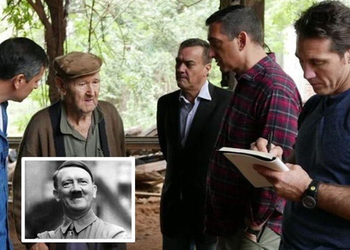 贝尔(右二)及其团队考证研究,认为希特勒(小图)当年并没自杀身亡,而是逃到南美洲。