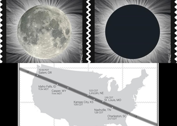 触摸邮票可令日全食图像(上右)变成满月图像(上左);邮票背面提示日全食最佳观测地点。