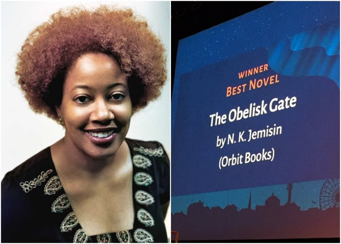 杰米辛(左)获得雨果奖中的最佳长篇小说奖。