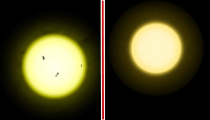 太阳(左)比天仓五(右)更热更明亮。