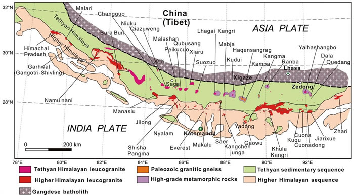 This is a simplified geological map showing the distribution of Himalayan leucog