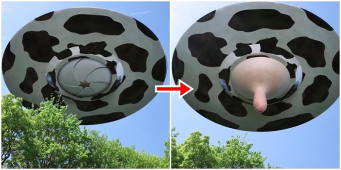 UFO底部的机关打开,弹出一个乳头形的突出物。