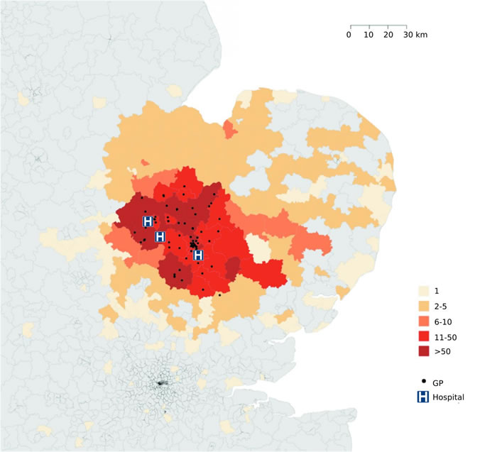 图片显示了在英国东部的为期1年时间中确认的MRSA病例的流行情况。