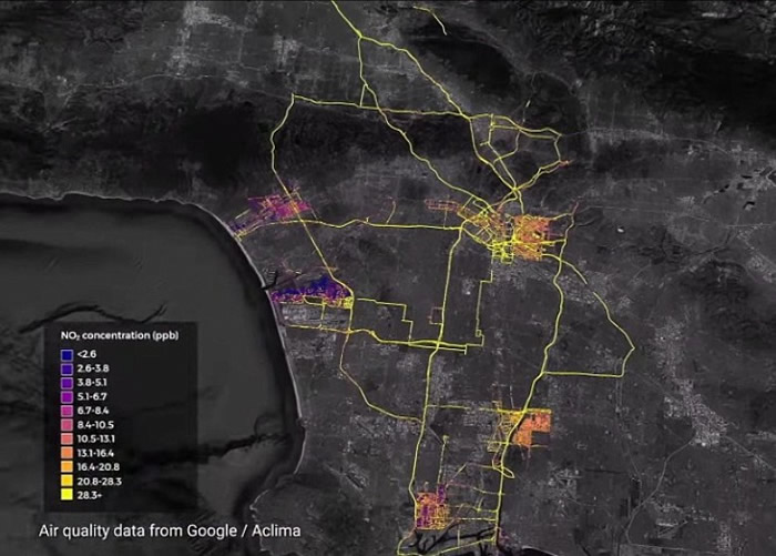 测量指数中,蓝色代表二氧化氮偏低,而黄色则是偏高。