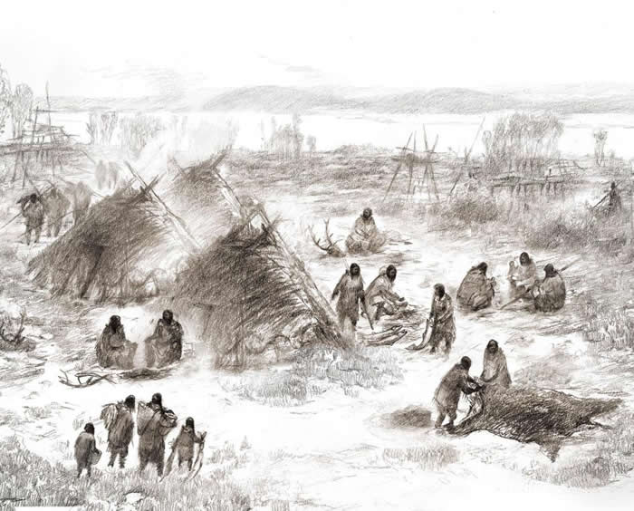古代阿拉斯加上阳河基地营的古白令人艺术重建图。 ILLUSTRATION BY ERIC S. CARLSON IN COLLABORATION WITH BEN PO