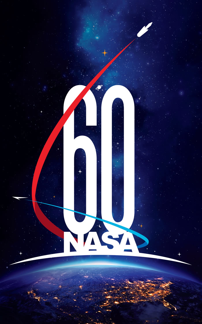 美国航太总署(NASA)成立60周年纪念标识,60和NASA位在地球圆弧和美国领土之上,是从牛顿的名言「如果我看得比别人更远,那是因为我站在巨人的肩膀上」获得的