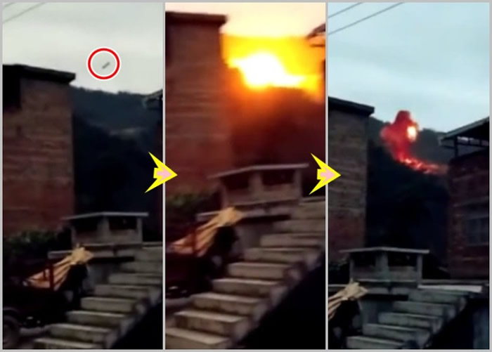 火箭发射残骸从半空急速坠落山头后,发出巨响并冒起巨大火球。