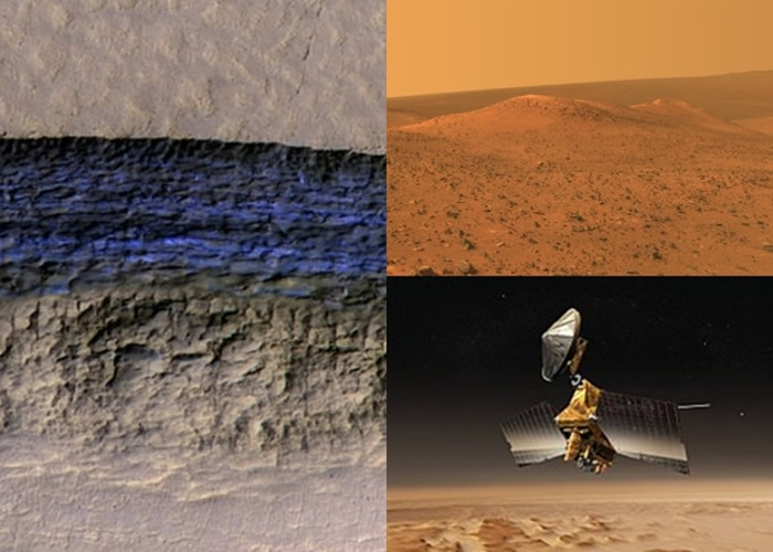 MRO(右下)拍摄到的图像显示,火星上藏有多处冰层(左)。