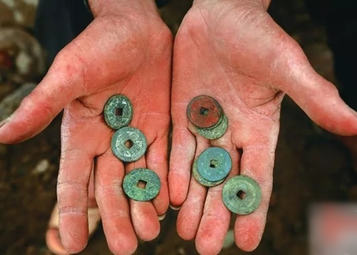 出土的不只有秦代文物,亦有民间常见的清代铜钱。