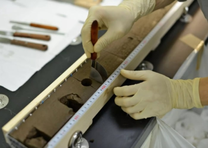 研究人员仔细审视在海床采集的样本