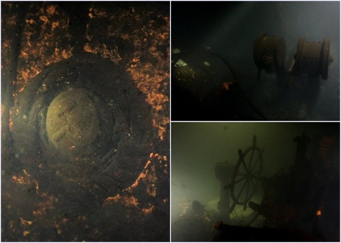 潜水员发现苏军军徽(左图)、电报机(右上图)及舵轮(右下图)。