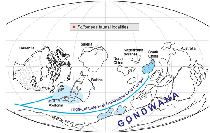 晚奥陶世全球古地理再造与推测的古洋流运移路径