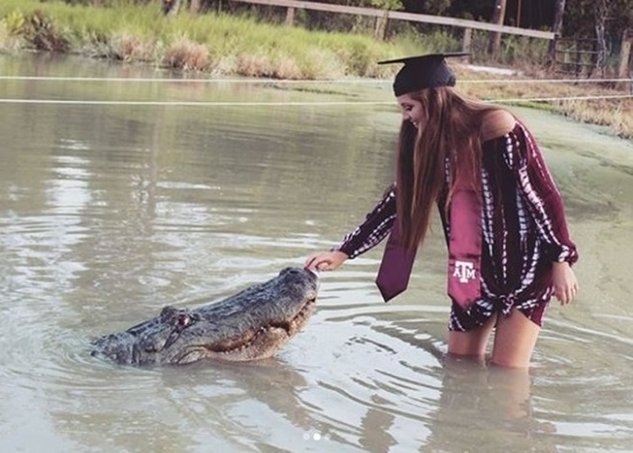美国德州农工大学女毕业生Makenzie Noland跳进池塘和4.2米长鳄鱼拍摄毕业照