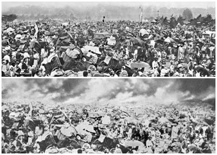 “被服厂旧址惨事即将发生”照片遭加工。图为加工前(上)和加工后(下)的照片。