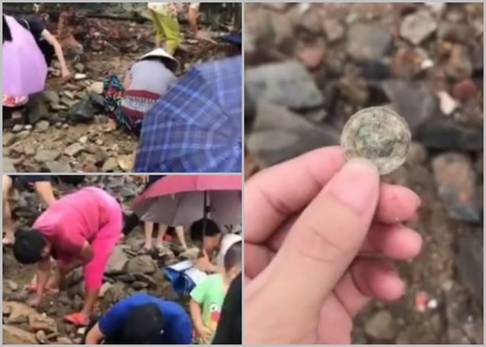 数十名民众聚集到遍地乱石的废墟上抢挖银元及古币。