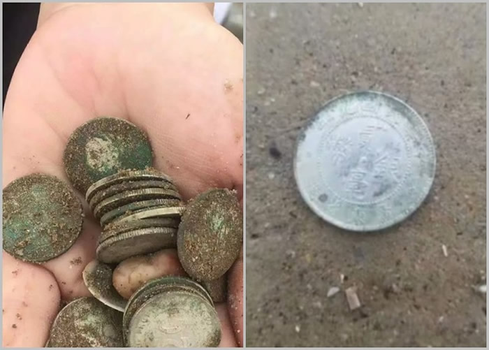 有民众在倒塌的烂屋中挖出疑为民国时期流通的银元古币。