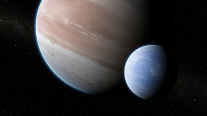 由画家构思的系外行星Kepler-1625b及其假想的大型卫星。这对星球的质量和半径比与地球-月亮系统的比例类似,但被放大了11倍。