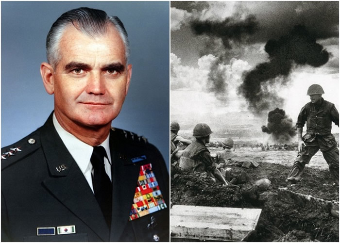 威斯特摩兰(左图)计划把核武运入南越。右图为溪生战役。