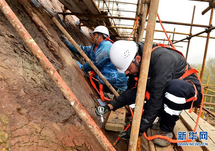10月15日,来自希腊莱斯沃斯世界地质公园的保育专家乔治斯·格瑞裴勒克斯(右)和尼古拉斯·萨拉帕克斯(左)在对延庆恐龙足迹化石进行保育。 新华社记者 罗晓光 摄