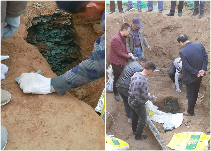 施工地盘内的一个大坑,发现大批古钱币。