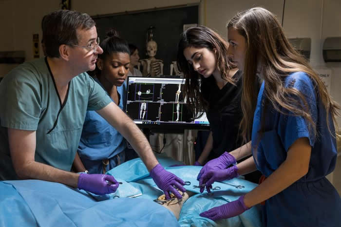 马里兰大学医学院教授亚当．普奇（Adam Puche）正在解剖学实验室中为学生示范如何进行筋膜切开术（fasciotomy），也就是切开人体中的结缔组织。根据普