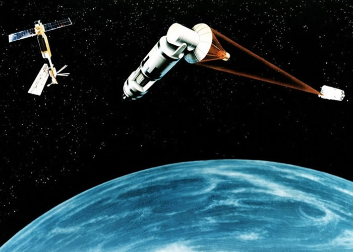 冷战时期的“星战计划”,提出在太空部署反导武器。图为构想图。