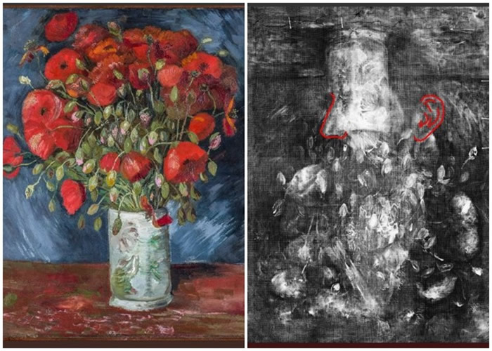 《红罂粟花瓶》(左)下面有一幅打底(右),红线标示疑为自画像五官。