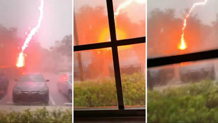 罕见“正极闪电”！美国佛罗里达州大雷雨中“火红巨蜈蚣”从天而降