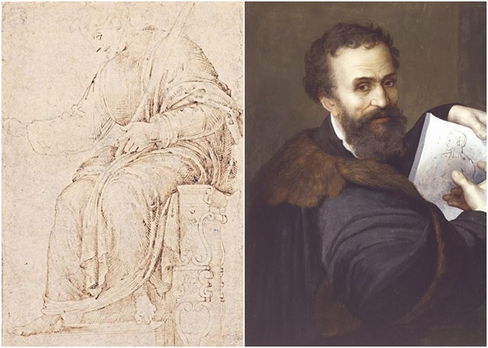 《坐着的男子》(左)被指是米高安哲罗的初期作品;右图为其肖像。