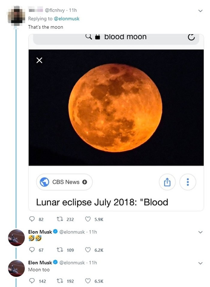 有人贴上血月报道纠正,马斯克无奈试图以笑掩盖失误。