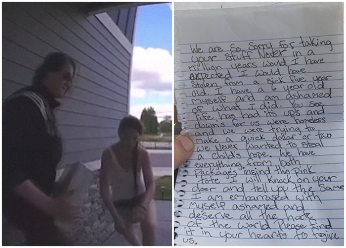 两名女子偷去包裹(左图),事后良心发现写道歉信(右图)归还。